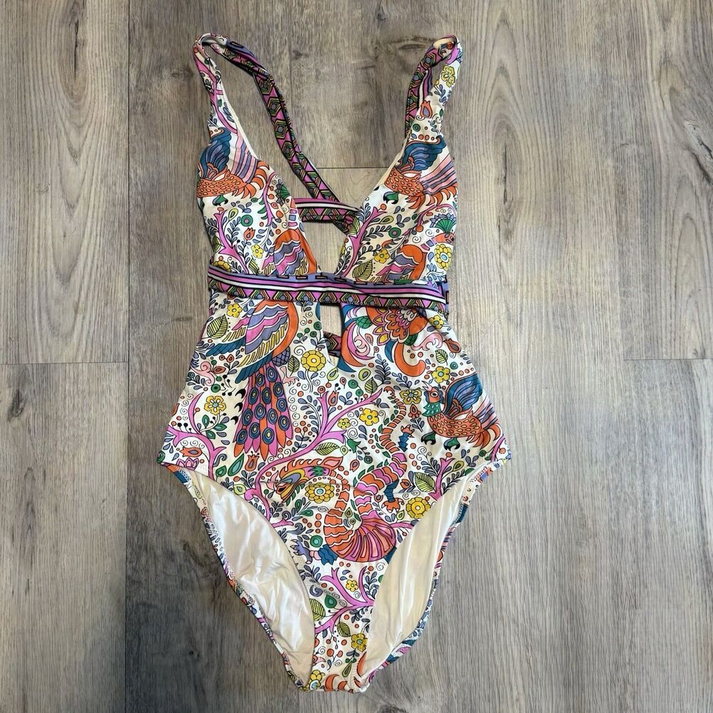 TRINA TURK Jungle Beach Paisely-Print Plunging CrossBack OnePiece Swimsuit Sz 12